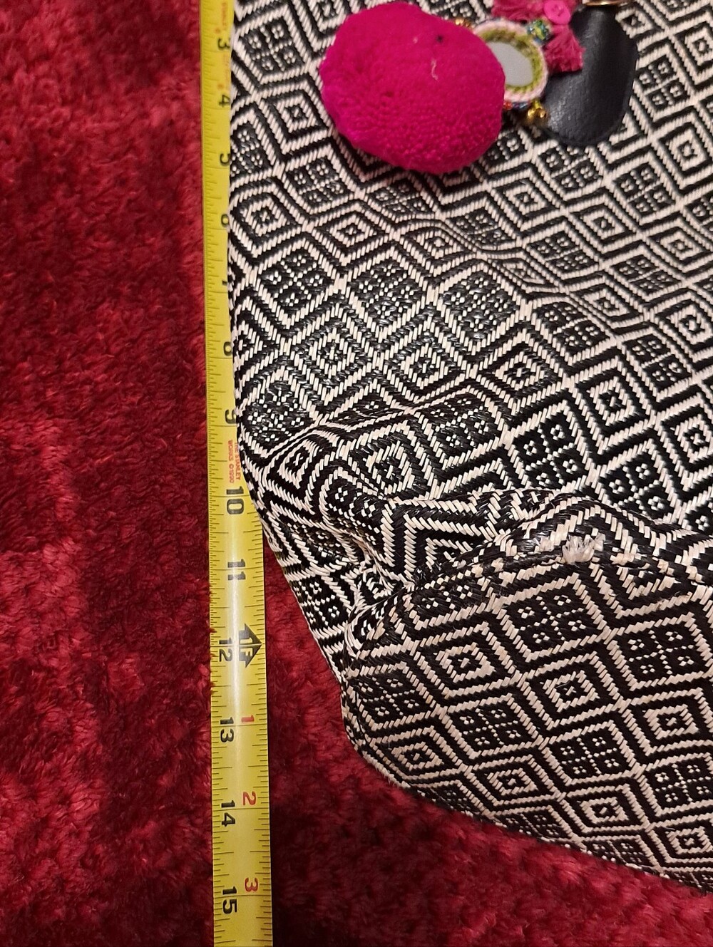 Nieman Marcus Black & White Geometric Tote Bag with Pink Pom Accent - Picture 2 of 9